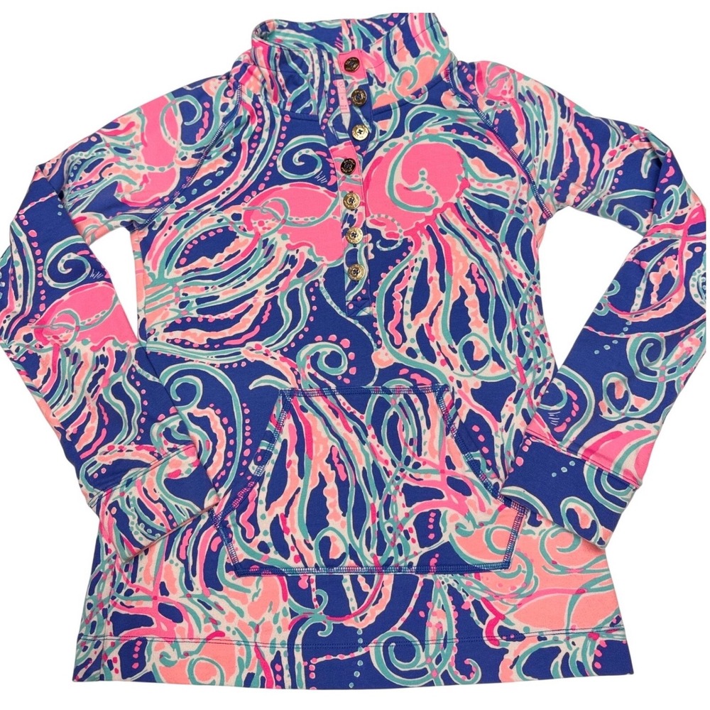 Lilly Pulitzer Skipper Popover Jellyfish Jam Pink Blue Gold Button Sweatshirt S